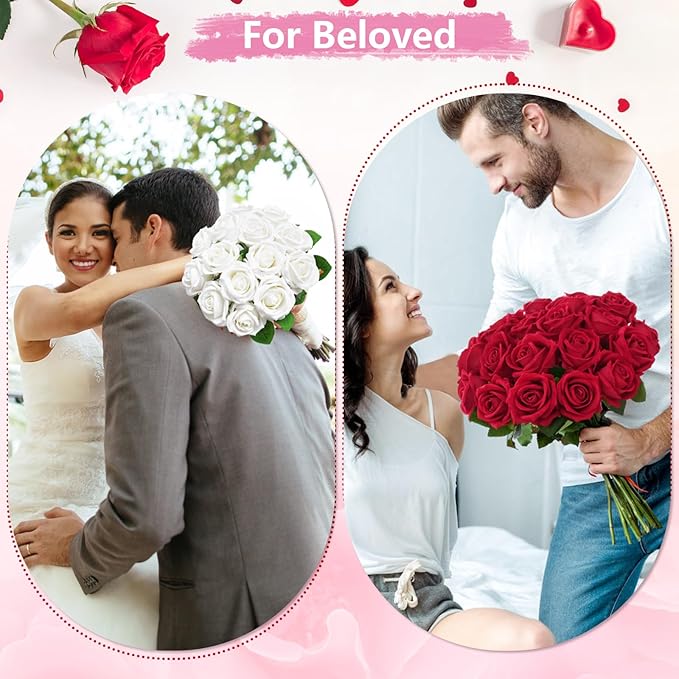 BLEUM CADE 50 Pcs Pink Roses Artificial Flowers, Real Touch Velvet Roses Fake Flowers Bulk, Artificial Roses Bouquet with Long Stems Bridal DIY Wedding Party Centerpiece Decorations