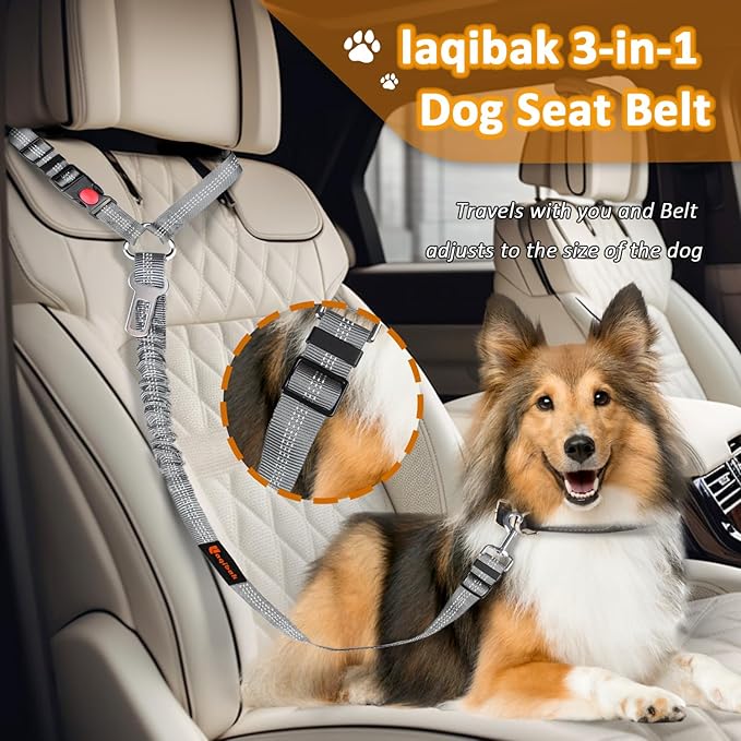 Removable Dog Seat Belt Harness for Car, 3 in 1 Pet Dog Car Seatbelt Leash, Retractable Restraint Secures to Vehicle Headrest & Adjustable Reflective Bungee Dog Seatbelt Tether, Grey-Mewly Pet