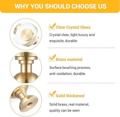 6-Pack 1-1/4-Inch White Cabinet Glass Crystal Brass knobs Brass Drawer Round Knobs Dresser Pulls, Gold Hardware Kitchen Closet knobs for Bifold Doors