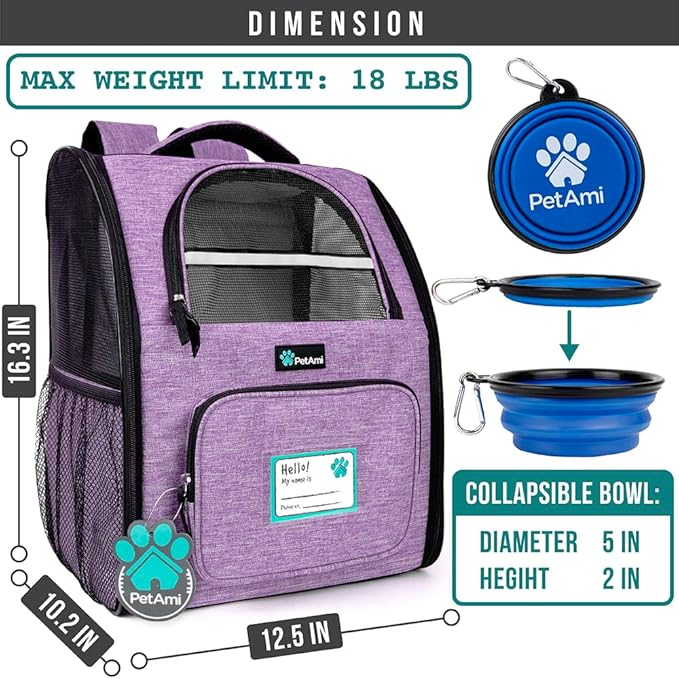 PetAmi Dog Backpack Carrier for Small Large Cat, Pet, Puppy, Ventilated Pet Hiking Backpack Travel Bag, Airline Approved Cat Backpack Carrier, Camping Biking Dog Bag Up to 18lbs Pet, Purple-Mewly Pet