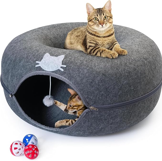 Meow Mansion Large Cat Cave Donut - Cat Tunnel; up to 30lbs - 3 Toy Balls & Hanging Ball Included - Scratch Resistant, Detachable and Cleanable Cat Donut Bed-Mewly Pet