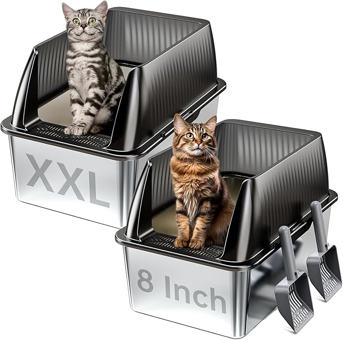 Tripamin 2PACK Stainless Steel Litter Box, 8" Metal Litter Boxs with Lid High Sides, XL Extra Large Litter Box for Big Cats, Leak-Proof, Easy Cleaning, Non-Sticky(Translucent Black)-Mewly Pet