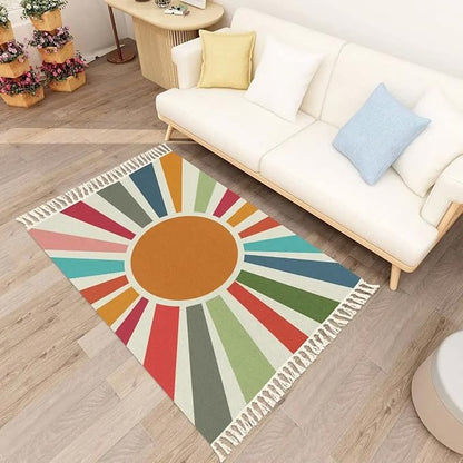 Retro Sun Boho Rug Colorful Cute Rainbow Area Carpet Non-Slip Throw Rugs Mat Pad Washable Floor Mat Minimalist Decor for Living Room Bedroom Kids Room Nursery Playroom Classroom Dorm 4'x6'