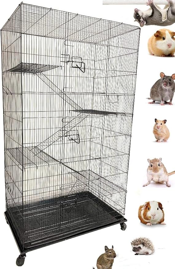 X-Large 5-Levels Tight 3/8-inch Bar Spacing Ferret Chinchilla Sugar-Glider Rats Mice Gerbil Chew Free Cage with Removable Rolling Stand, 31-Inch by 19-Inch by 55-Inch-Mewly Pet