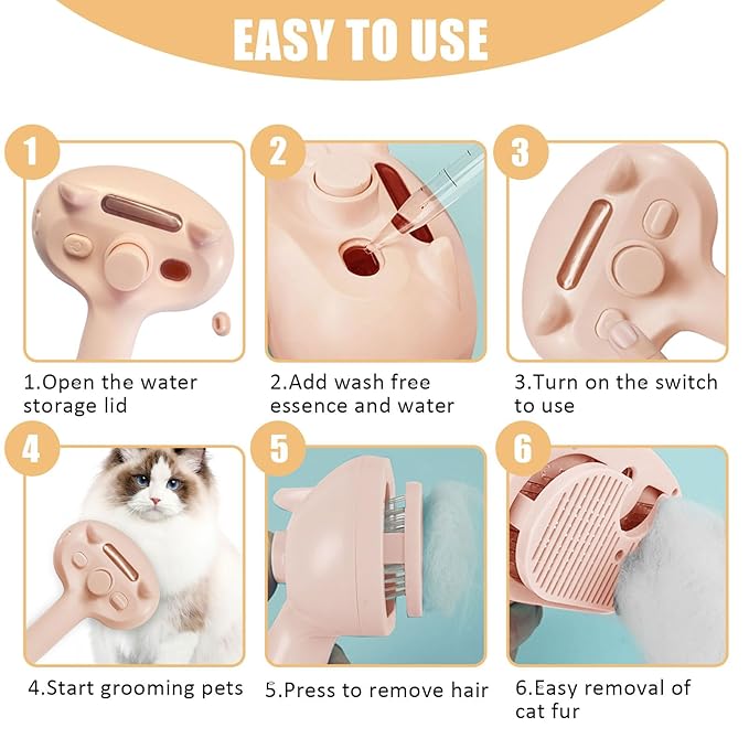 Cat Steam Brush for Shedding, Pet Steam Brush for Dog with Release Button,Anti-Static Pet Spray Hair Removal Comb,Cat Spray Comb for Long & Short Haired Pets,Pink-Mewly Pet