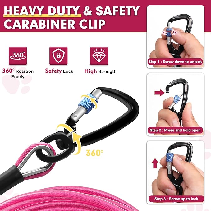 Snagle Paw Dog Leads for Yard 70FT-1000LBS Break Strength,Heavy Duty Tie Out Cable for Dogs with Swivel Lockable Hook & Spring,Chew Proof Dog Chain for Outside,Dog Run Cable for Medium Large Dogs-Mewly Pet