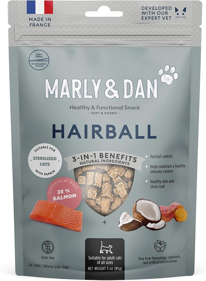 Marly & Dan Salmon Treats for Cats with Brewers Yeast & Coconut, Hairball Recipe, 3-oz Bag-Mewly Pet