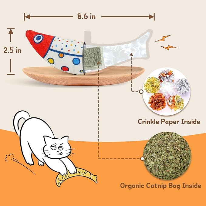 Cat Fish Catnip Toys for Cats, Pet Chew Toy for Bored Indoor Adult Cats, Crinkle Cat Kicker Toy for Indoor Kittens-Mewly Pet