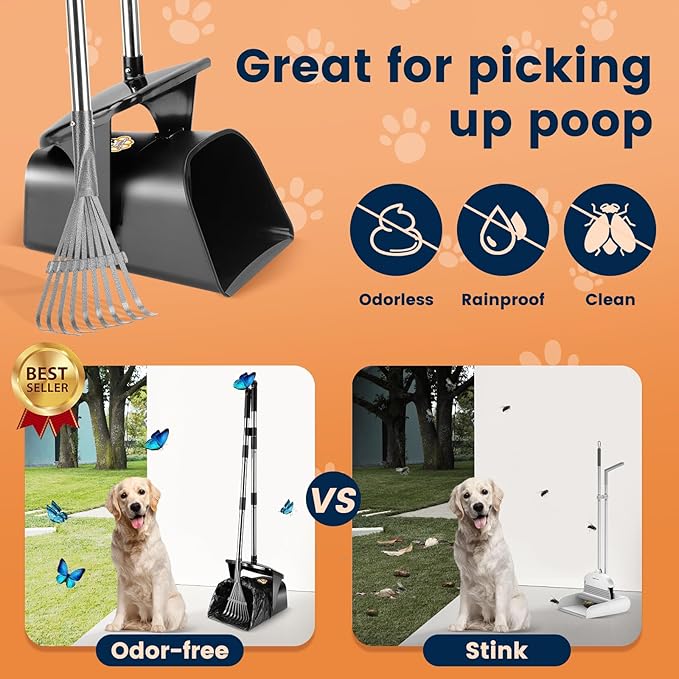 Pooper Scooper for Large Dogs Heavy Duty Swivel Bin & Rake with 20 Waste Bag for Large Medium Small Dogs, Easy to Clean Pet Waste Use on Grass, Dirt, Gravel or Flats-Mewly Pet