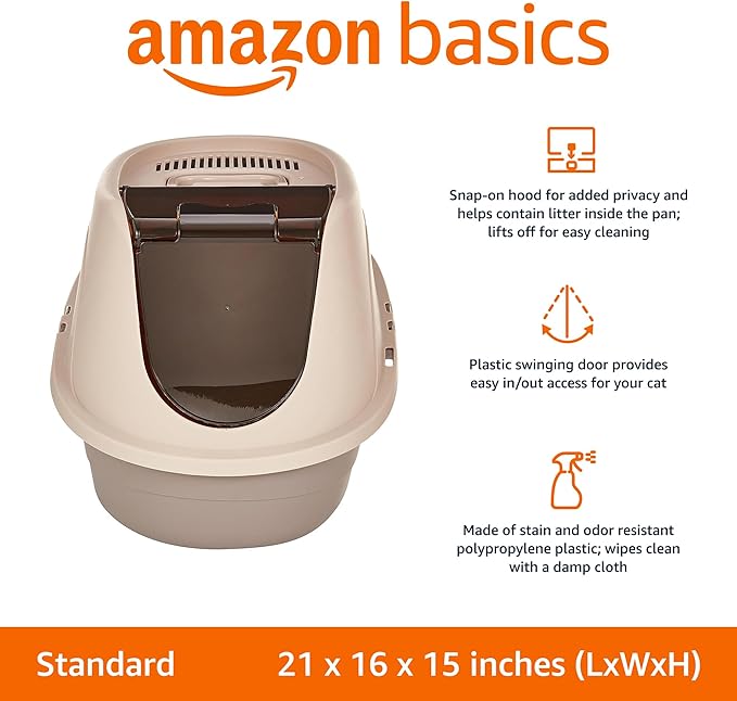 Amazon Basics No-Mess Hooded Cat Litter Box, Standard, Multicolor, 21 in x 16 in x 15 in-Mewly Pet