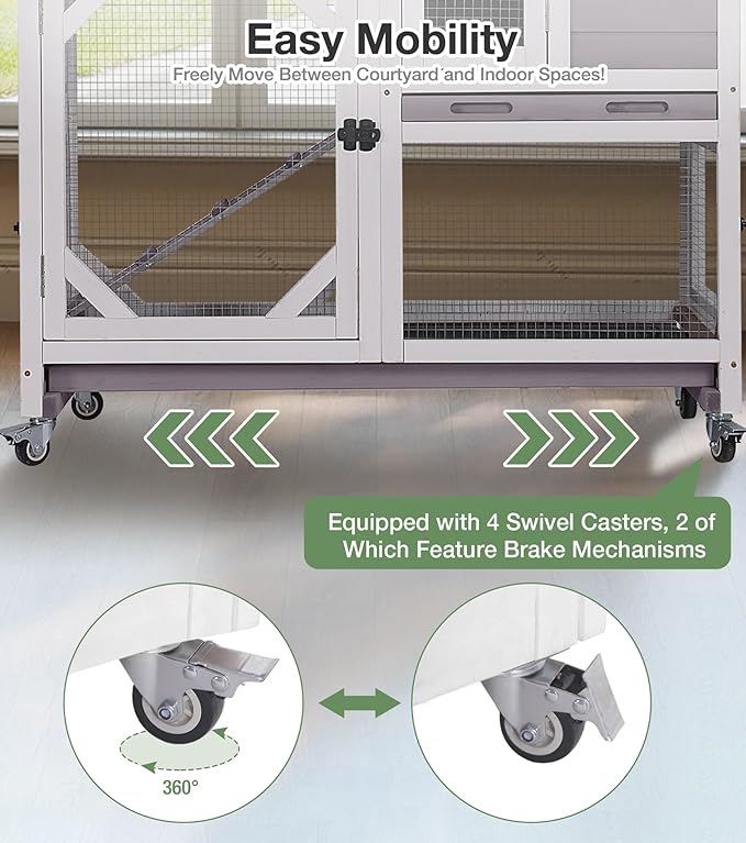 Rabbit Hutch 2-Story Wooden Bunny Cage with 2 Leak-Proof Sliding Trays, Chew-Proof Metal Mesh, Rainproof Cover, Indoor & Outdoor Guinea Pig House with Wheels - Grey-Mewly Pet