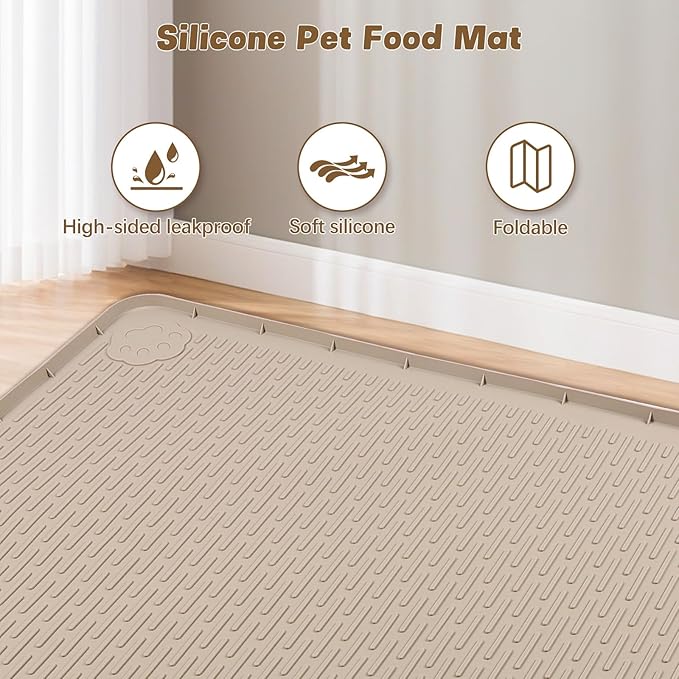 Cat Food Mat, 40" x 28" Extra Large Silicone Pet Feeding Mat with Raised Edge Pet Placemat for Food and Water Bowl Non-Slip, Easy to Clean, Floor Protection (Khaki)-Mewly Pet