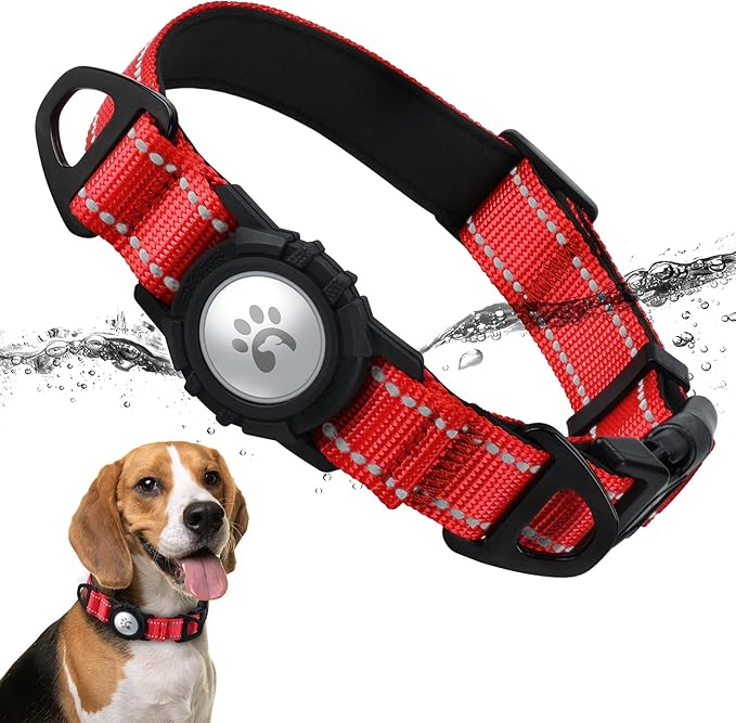 TagME Airtag Dog Collar,Waterproof Reflective Pet Collar with Airtag Holder,Soft Padded and Double D-Rings for Medium Dogs,Red-Mewly Pet