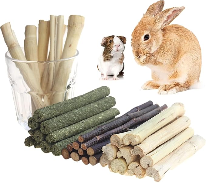300g Guinea Pig & Rabbit Chew Toys with Apple & Timothy Sticks - Prevent Overgrown Teeth with Sweet Bamboo Treats - Ideal Rabbit Treats Included!-Mewly Pet