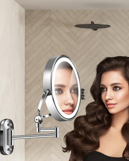 30X/1X Wall Mounted Lighted Makeup Mirror, 9'' Height Adjustable Double Sided 5000mAh Rechargeable Magnifying Bathroom Mirror with Light, 3 Color Modes Touch Dimmable Extended Arm 360 Rotation