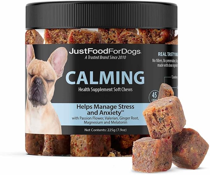 JustFoodForDogs Calming Supplement for Dogs Soft Chew to Support Stress and Anxiety, Melatonin, Relaxation Aid, Human-Grade Ingredients - 45 Count-Mewly Pet