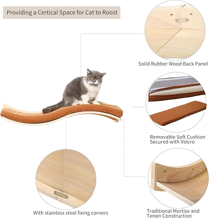 Cat Wall Shelves for Large Cats - Wall Mounted Furniture with Comfortable Cushion, Perfect Perch and Bed for Multi-Cat Households - 35 inch Wavy Shelf for Climbing, Playing, Resting, and Lounging-Mewly Pet