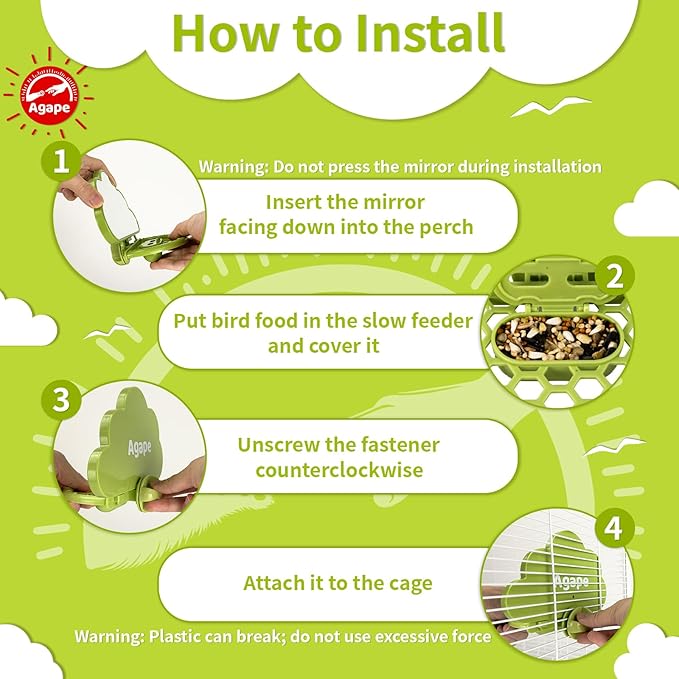 Agape Bird Mirror with Perch&Slow Feeder, Birds Toys for Boredom&Anxiety, Bird Cage Accessories for Parrots to Expend Energy, Interactive Toys for Parakeet, Cockatiel, Lovebird, Conure, Finch, Budgies-Mewly Pet