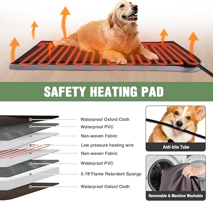 Heated Dog House Outdoor with Insulated Liner in Winter, Weatherproof Puppy Kennel with Anti-Chewing Metal Frame, Dog Shelter for Large, Medium and Small Dogs (Brown, 50.9'' Large)-Mewly Pet