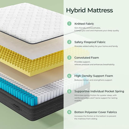 koorlian Queen Size Mattress 12 Inch - Cooling Hybrid Mattress in a Box for Back Pain Relief - Pocket Spring & Memory Foam | Fiberglass-Free, Medium Firm Feel, CertiPUR-US, 120 Nights Trial