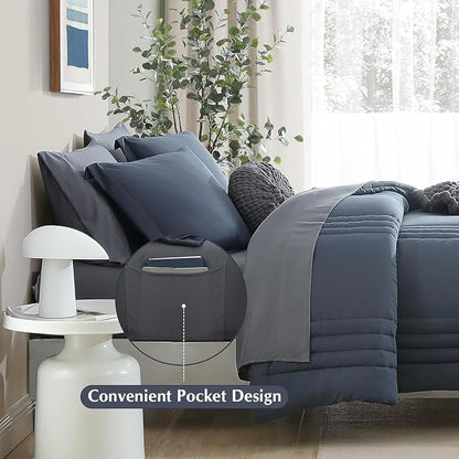 Monbix Twin XL Size Comforter Set - Extra Long 5 Pieces Dorm Bedding Sets, Quilting Design Fluffy Bed in a Bag Twin XL with Sheets, Pillowcase & Sham(Blue Grey)
