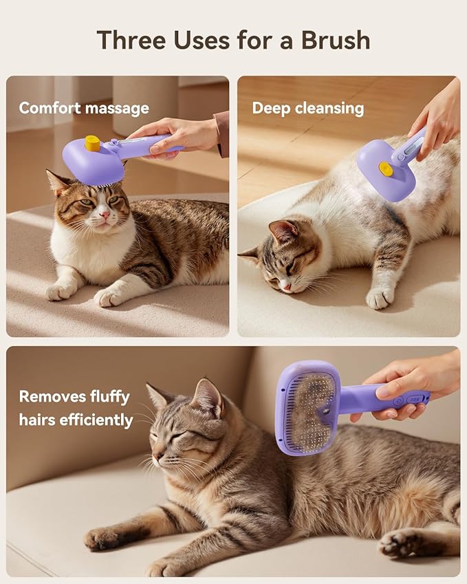 ROJECO 3-in-1 Pet Steam Brush for Cats&Dogs - Detangling Comb with Adjustable Mist, Handheld Deshedding Grooming Tool for Long/Short Hair, Massage Brush & Shedding Control Gift,Cordless,Purple-Mewly Pet