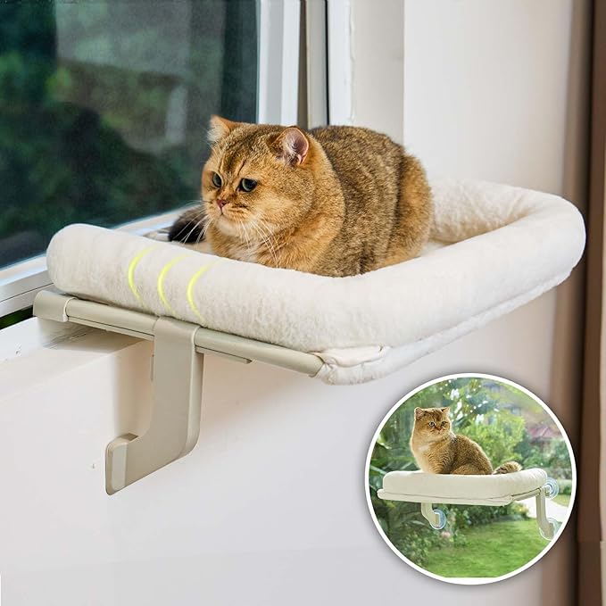 Cat Window Perch, Adjustable Cat Hammock for Large Cats, Mounts on Window Sills, Bedside, or Glass, Easy Installation and Removal, Washable Cushion Cover (20.5" W×15.7" L)-Mewly Pet
