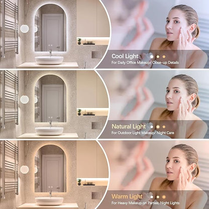 Niccy Arched LED Bathroom Mirror, 48x30 Inch Arch Frameless Backlit Mirrors for Wall Arched Lighted Vanity Mirrors Defogger and 3 Color, Explosion-Proof, HD Glass and IP65 Waterproof