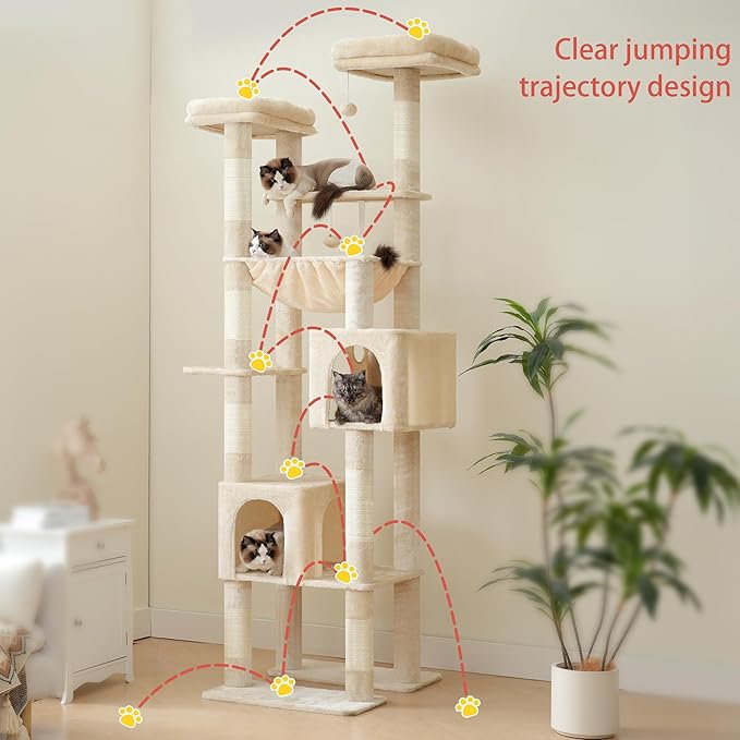 Hey-brother Tall Cat Tree Tower, Heavy Duty Scratching Posts with Large Platforms, Cozy Condos, Big Hammock, Toy Balls, Multi-Level Furniture for Indoor Adult Cats, 80.7 Inches, Beige MPJ039M-Mewly Pet