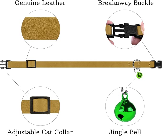 Breakaway Cat Collar Leather with Removable Bell - 13 Colors Available - Soft Adjustable Girl Boy Safety Lightweight Pet Kitten Collars Pink Brown Blue Green Red Orange Black (Mustard)-Mewly Pet