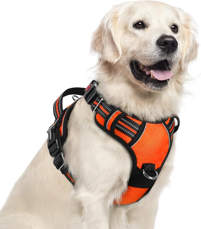 rabbitgoo Dog Harness for Large Dogs, No Pull Pet Vest with 3 Buckles, Adjustable Soft Padded Pet Harness with Easy Control Handle and Reflective Strips, Orange, XL-Mewly Pet