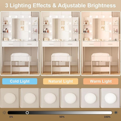 Vabches Vanity Desk with Mirror and Lights,Makeup Vanity Table with Charging Station,Vanity Set with 2 Drawers & Lots Storage Space,3 Lighting Modes Adjustable Brightness,White