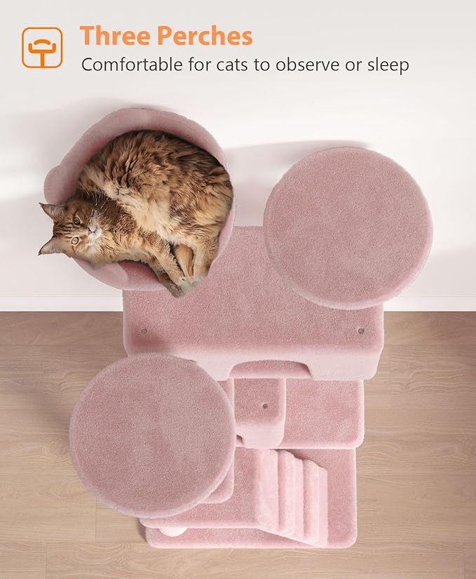 77'' Cat Tree Tower for Indoor Cats Large Adult, Cute/Tall Modern Cat Tree for Big Cats 20 lbs, Plush Multi-Level Cat Condo with Scratching Posts,Dangling Ball (Soft Pink, 77 inch)-Mewly Pet