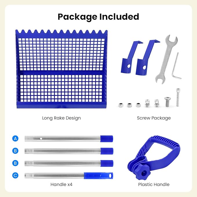 Chicken Poop Scooper Rake 2-in-1, Metal Shovel Head Chicken Coop Accessories, Adjustable 304 Stainless Steel Handle, Litter Scooper Sand Sifting for Chicken Coops Small Farm Animals(36" to 62")-Mewly Pet