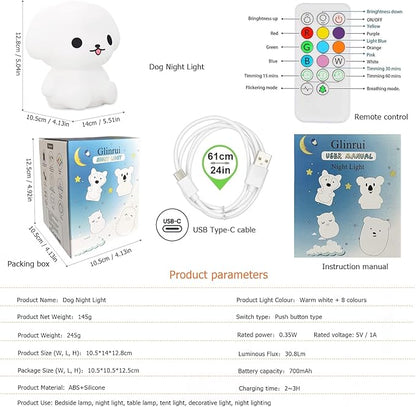 Night Lights Dog Silicone Bedside lamp for Children, Baby Nursery Light Decorative Lamps Decompression Light - Break Resistant/Eye Caring/Adjustable Brightness & Color/Time Setting - Medium
