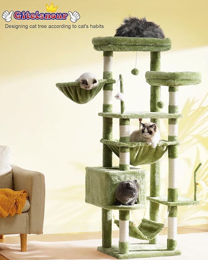 Cat Tree, Cat Tower for Large Cats with 2 Big Platforms, 2 Baskets, condo and Toys, 63" Cat Scratching Posts for Indoor Cats, Green GCT020GR-Mewly Pet