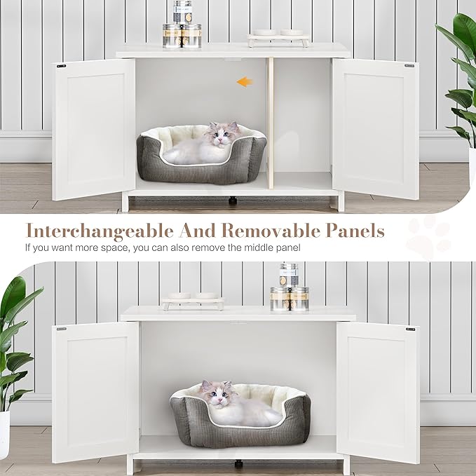 JY QAQA Cat Litter Box Enclosure,Litter Box Furniture Hidden with Barn Door,Wooden Cat Washroom Furniture,Cat House,Fit Most of Litter Box,White-Mewly Pet