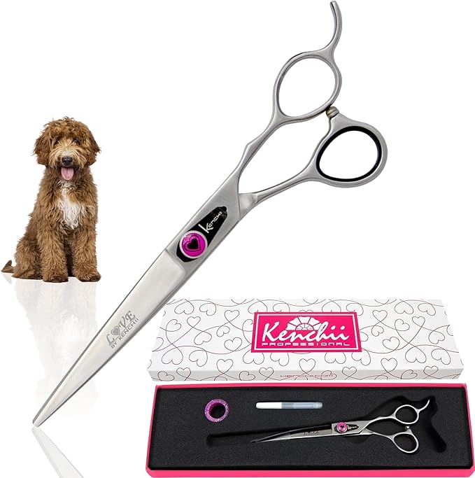 Kenchii Love Dog Grooming Scissors, 7 Inch Straight Shears, Dog Scissors for Grooming, Professional Pet Grooming Scissors, Ergonomic & Comfortable-Mewly Pet