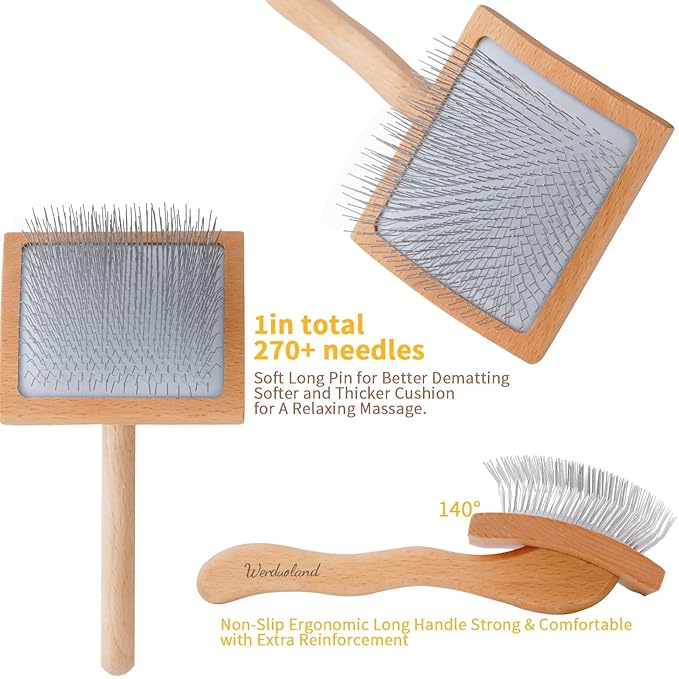 Ergonomic Slicker Brush for Long-Haired Dogs - Wooden Handle, Long Pins for Grooming Goldendoodles-Mewly Pet