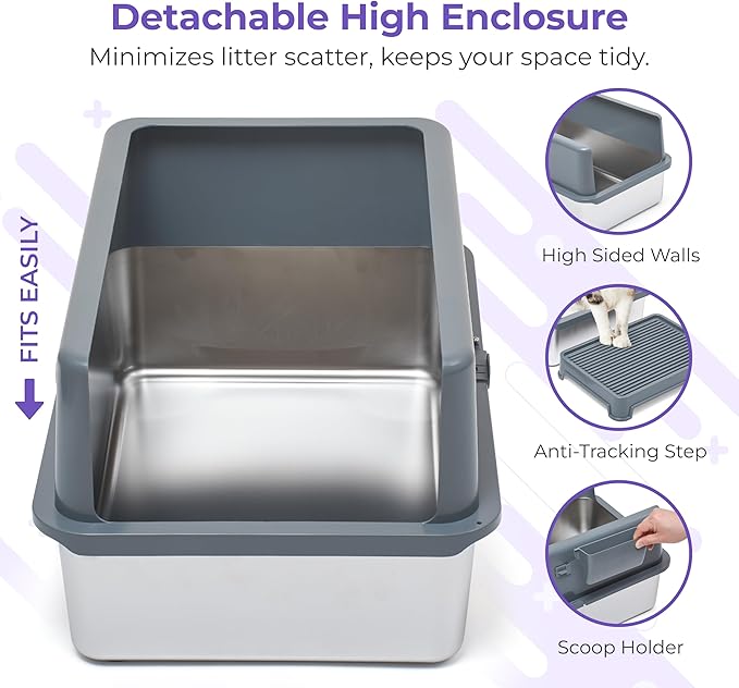 iPrimio Premium Stainless Cat Litter Box for Easy Cleanup - Durable and High Sides Stainless Steel Litter Box with Step Scoop - Mat Elevated for Cats - Scratch and Bite Proof - Dark Grey-Mewly Pet