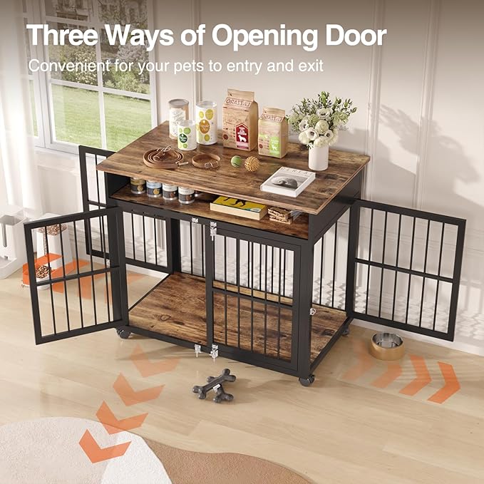 39.4" Dog Crate Furniture for Medium and Large Breed, Dog Kennel Furniture with Storage Shelf & Lockable Wheels, Heavy Duty Wooden End Side Table Pet Cage Indoor, Chew-Resistant, Brown-Mewly Pet