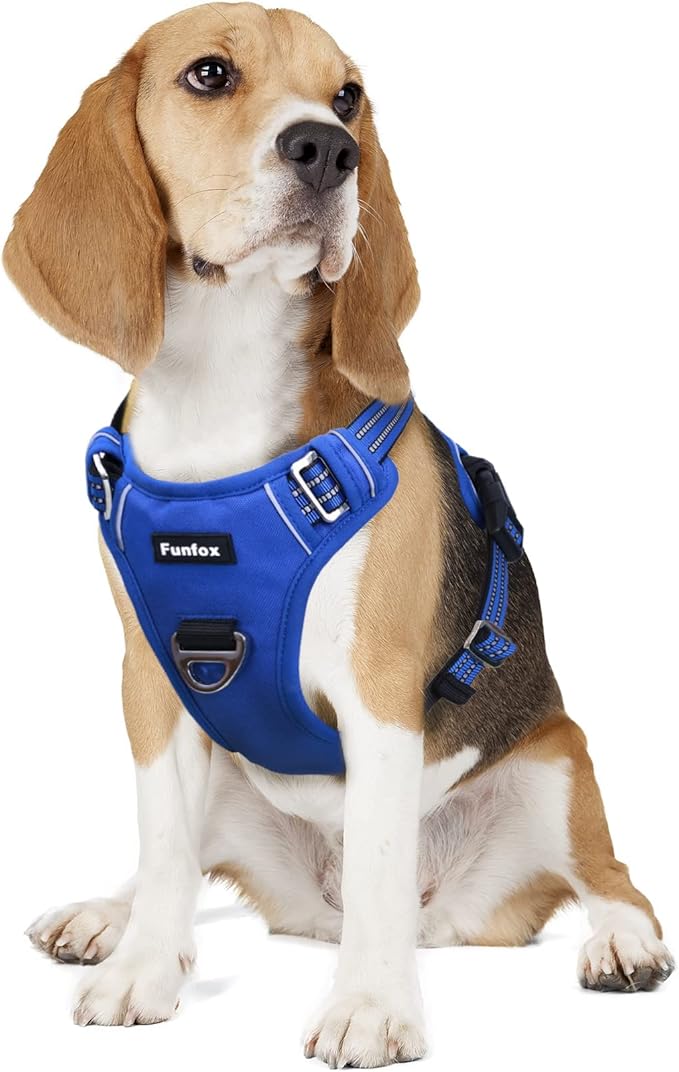Funfox Dog Harness No Pull, Adjustable Pet Vest Harness, Super Soft Material with Vertical Handle Easy Control, Reflective Night Walking, 2 Leash Clips for Medium Sized Dogs, Blue, M-Mewly Pet
