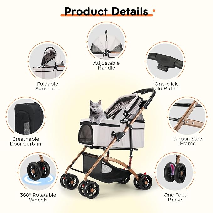 3-in-1 Foldable Pet Stroller for Medium Dogs & Cats (50lbs) - Detachable Carrier, Car Seat, Storage Basket, 5" Lockable Wheels-Mewly Pet