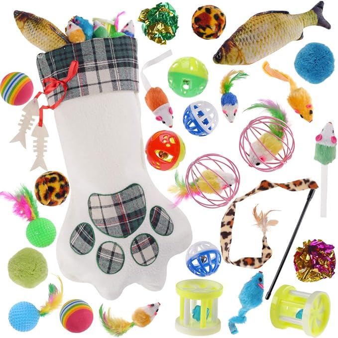 QBSM Cat Christmas Plaid Pet Paw Stockings with 26 Pcs Cat Toys for Cats and Kitten-Mewly Pet