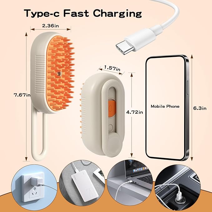 Pet Steam Brush, Rechargeable Cat Steam Brush for Shedding, 2025 New & 4 in 1 Pet Spray Hair Removal Comb with Anti-Static,Massage, Cleaning, Shedding & Combing All In One! (Khaki)-Mewly Pet