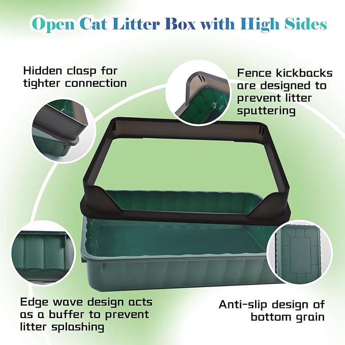 Cat Litter Boxes Large,Kitty Litter Box Low Entry High Sides,Semi Enclosed Front Entry Cat Pan Anti-Splashing Detachable Kitten Toilet with Scoop (Green)-Mewly Pet