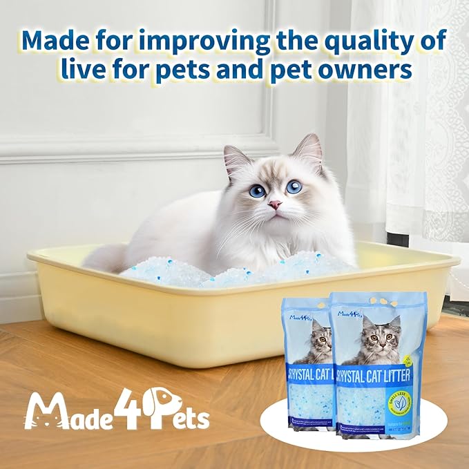 Made4Pets Cat Litter Crystals, Non Clumping Cat Litter Odor Control Kitty Litter Non Clumping No scooping Low Dust, Low Tracking, Lightweight, Dehydrates Waste,– 25.8 lbs (6 x 4.3 lb Packs)-Mewly Pet