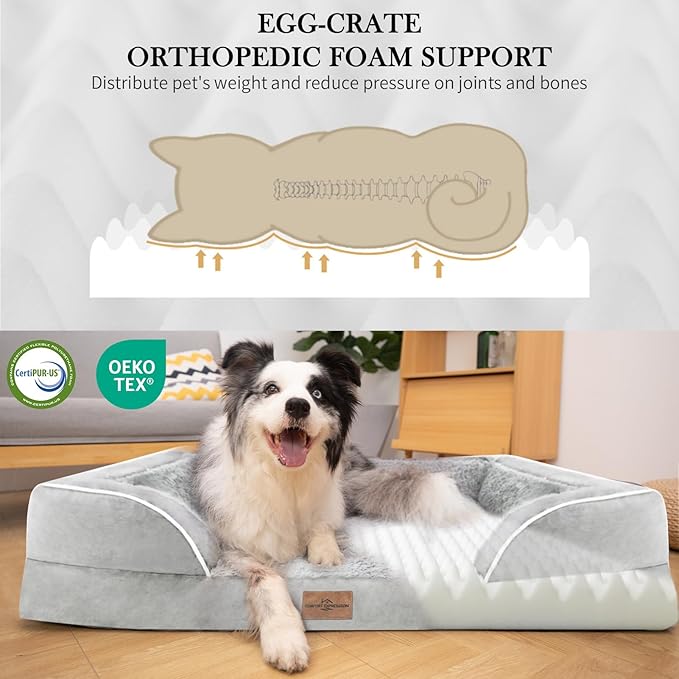Comfort Expression Jumbo Dog Bed for Extra Large Dogs, Waterproof Orthopedic Large Breed Dog Beds, PV Washable Dogs Sofa Bed with Removable Cover & Non-Slip Bottom(Jumbo,Grey White)-Mewly Pet