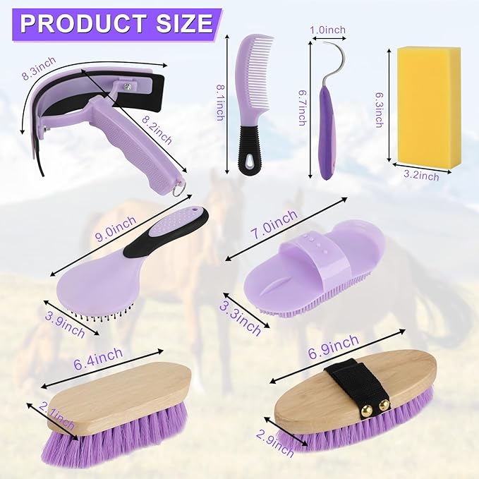 9 Pieces Grooming Kit with Tote Bag, Sweat Scraper, Sponge, Hoof Pick, Curry Comb for Horse Riders Beginners (Purple)-Mewly Pet