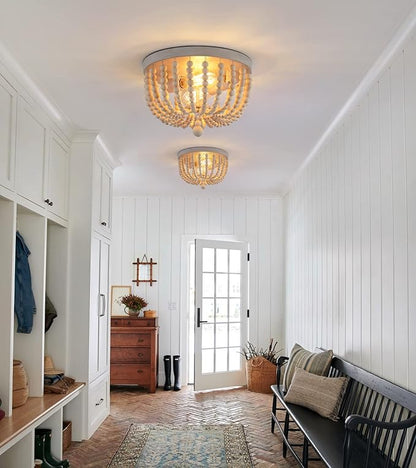 Q&S Boho Chandelier Wood Beaded Flush Mount Ceiling Light Fixtures for Nursery Baby Bedroom Kitchen Hallway,Oak White Finish,2-Lights